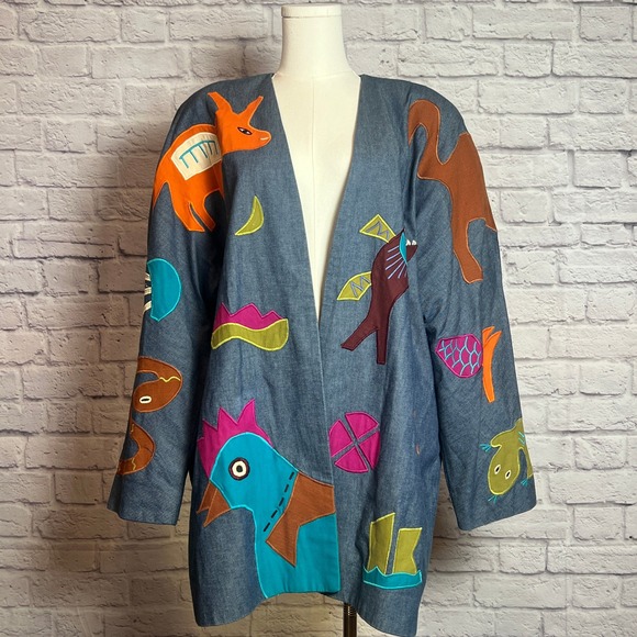 Girasol Vintage Denim Folk Art Jacket L Colorful Appliqué Animals Made in Mexico - Picture 2 of 9
